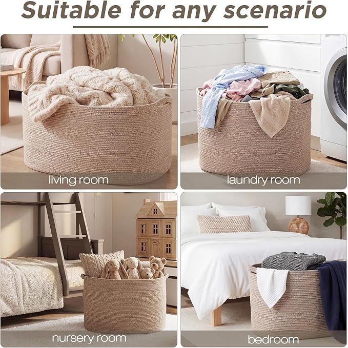 XXXXL 125L Extra Large Woven Blanket Basket, 25" x 18" x 17" Jumbo Cotton Rope Storage Basket with Handles Toy Storage Bins for Laundry Hamper Nursery Organizer Living Room Home(Natural Linen) - Image 6