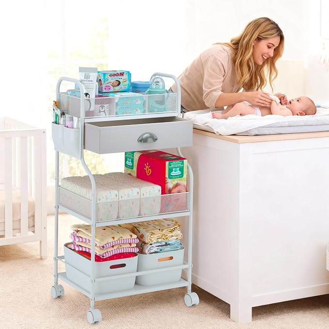 Baby Diaper Caddy Cart Organizer -3 Tier, Bedside Nursery Essentials Organizer & Storage Holder for Newborn Baby Stuff, 2+1 Dividers, 1 Drawer,Rolling Utility Cart for Bedroom,Changing Table, Crib. - Image 9