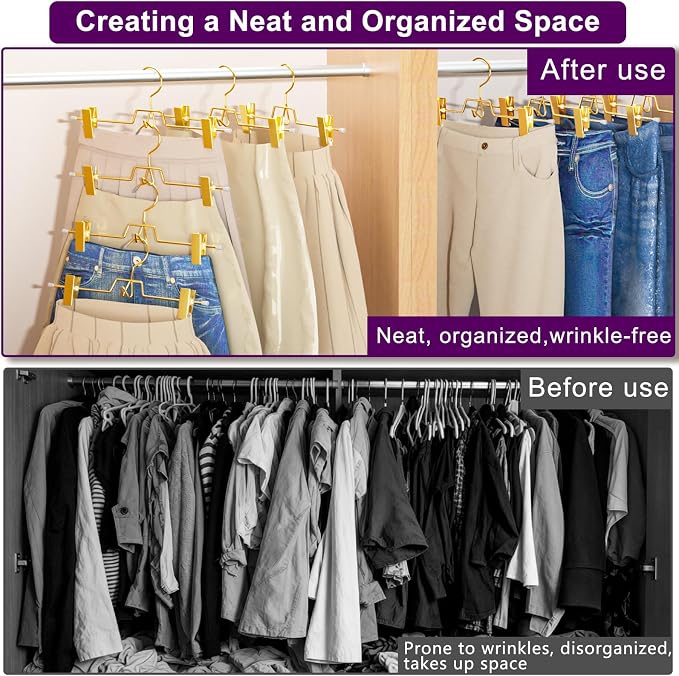 30 Pack Gold Pants Hangers with Hooks, Stackable Pants Hangers | Upgrade Heavy Duty Metal Skirts Hangers, with 2 Adjustable Clips for Pants, Jeans, Slacks, Women Skirts - Image 6