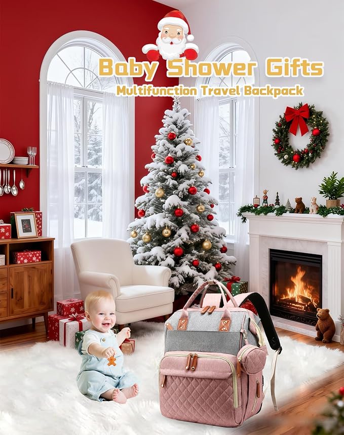 Diaper Bag with Changing Station, Waterproof 3 in 1 Diaper Backpack with Foldable Changing Pad, Large Travel Backpack for Mom & Dad, Baby Gift for Baby Girl & Boy, Pink-Grey - Image 9