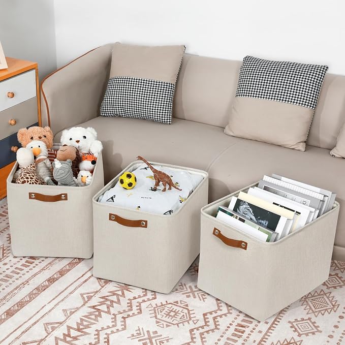 DULLEMELO Large Storage Baskets, Fabric Storage Bins for Organizing Clothes, Large Storage Bins with Handles for Shelves Closet Organizers, Fabric Storage Baskets for Toy Organizers(Beige) - Image 7