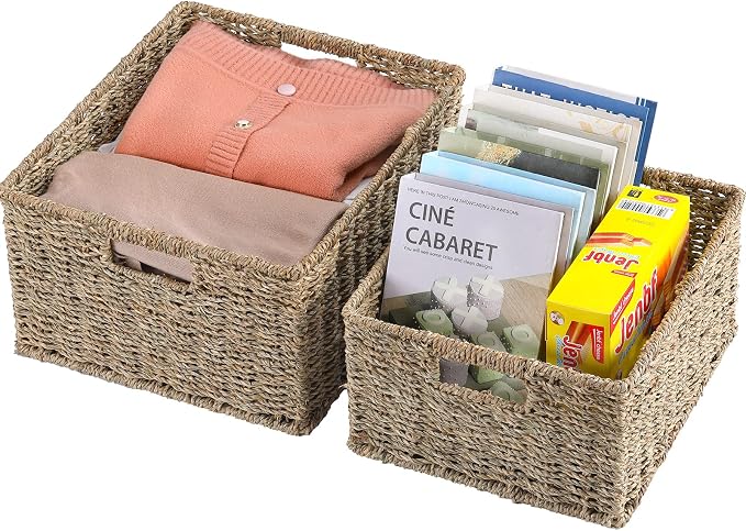 HOONEX Large Wicker Baskets for Storage, Seagrass Baskets with Dual Handles, Woven Set of 2, Natural - Image 6