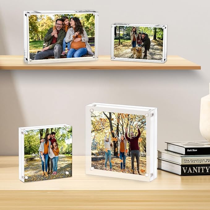 AMEITECH 8x8 Acrylic Picture Frame, Frameless Clear Photo Frames | Double Sided Floating Magnetic Frames, 24mm Thick, Free Standing Desktop Display for Postcards, Pictures and Artworks - Image 7