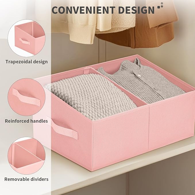 DIMJ Large Closet Shelf Organizer Bins 4 Packs with Handles and Divider, Fabric Trapezoid Storage Baskets, Foldable Clothes Containers Box for Shelf, Towel, Book, Toy, Purse, Hats, Pink - Image 5