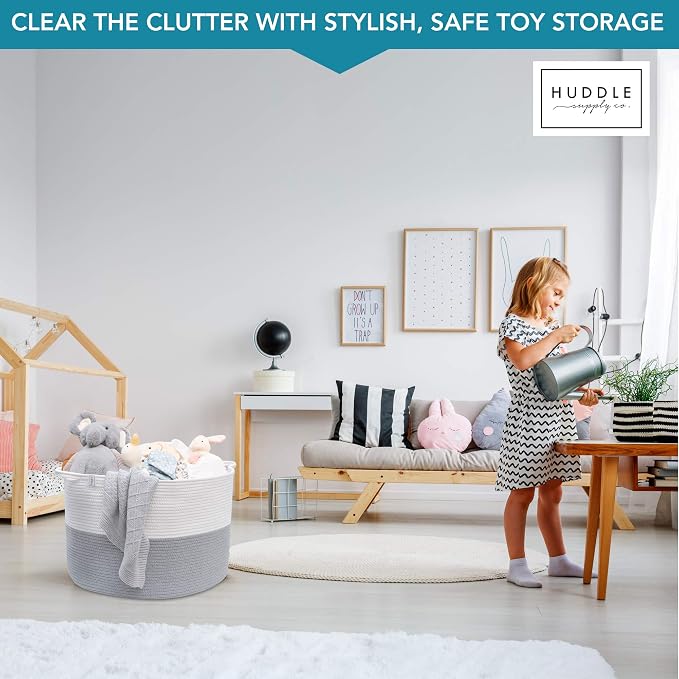 Huddle XXXLarge WASHABLE Blanket Basket for Living Room,Toys Storage, Baby | Woven Decorative Soft Cotton Rope Big Blanket Basket+Mini Basket for Nursery, Dog Toys, Storage, Organization Bins 22x14 Grey - Image 7