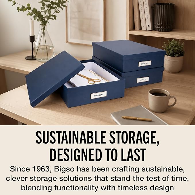 Bigso Oskar Fiberboard Label Frame Document Letter Box - File Organizer Box for Important Paperwork - Document Storage with a Lid & Metal Label Window - 3.3 in x 10.2 in x 13.8 in - Dark Blue - Image 8