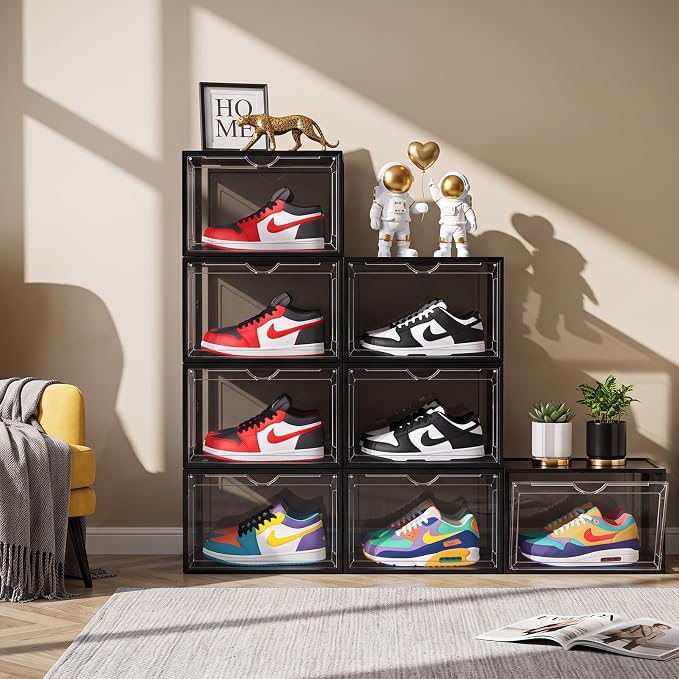 X-Large Clear Stackable Shoe Storage Box 8 Pack, Drop Side Shoe Organizers | Fits US Size 13 Sneakers Storage, Hard Plastic Shoe Containers with Magnetic Drop for Closet Storage and Sneaker Display - Image 8
