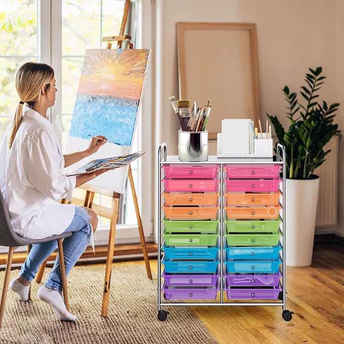 RELAX4LIFE 20 Drawer Rolling Storage Cart, Mobile Rolling Cart w/Drawers for School Classroom Teacher Office Home Salon, Paper File Art Supply Craft Organizer, Utility Cart on Wheels (Rainbow) - Image 9