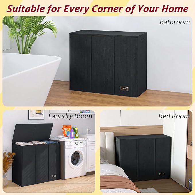 220L Laundry Hamper 3 Section,Large Laundry Hamper with Lid,Dirty Clothes Hamper with 3 Inner Bags,Collapsible Laundry Basket Organizer for Laundry Room,Bedroom,Laundry Sorter Hamper 3 Compartment - Image 7