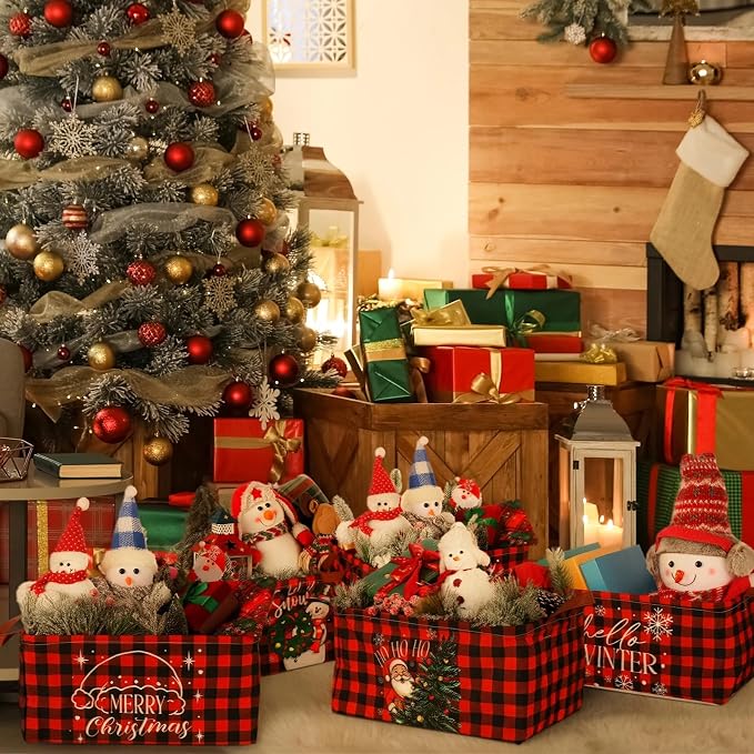 CHENGU 6 Pack Christmas Storage Basket Collapsible Christmas Basket for Gifts Buffalo Plaid Holiday Decor Large Snowman Bin Foldable Xmas Tree Box with Handle for Bedroom Office Home - Image 7
