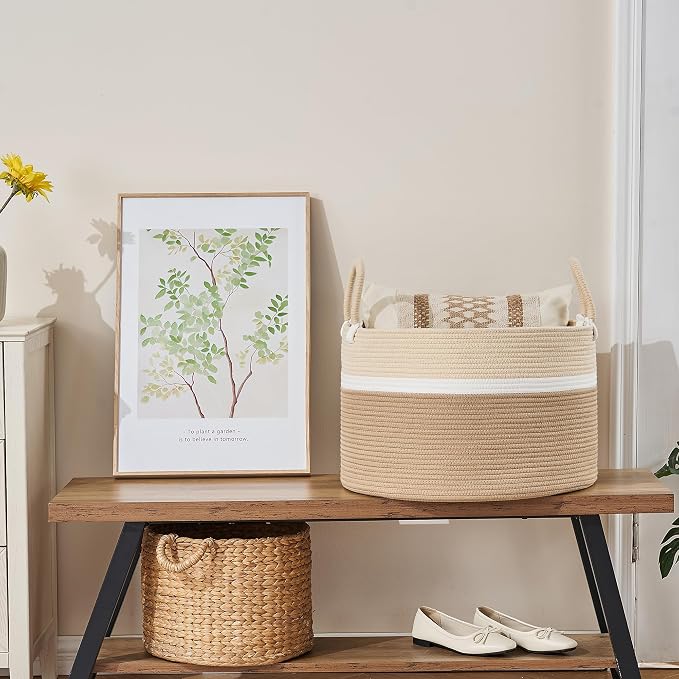 KAKAMAY Large Blanket Basket with Handles, Storage Basket for Living Room | Extra Large Capacity | Natural Cotton Rope | Blanket Storage | Woven Storage Basket | Stuffed Animal Storage | Laundry Basket - Image 8
