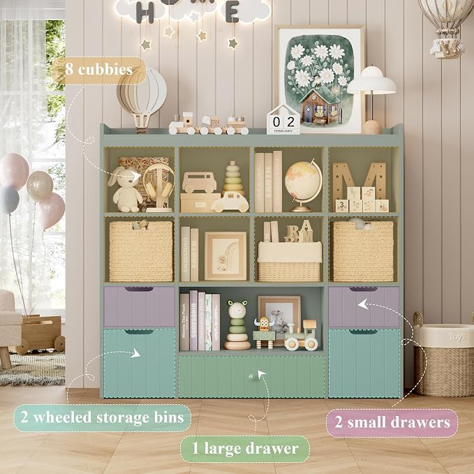 HORSTORS 48" W Kids Toy Storage Organizer, Kids Bookshelf w/Storage, Green | 2 Mobile Toy Boxes & 3 Drawers, Toy Storage Chest with Open Cubbies for Boys and Girls, Kids Bookcase for Playroom, Classroom - Image 8