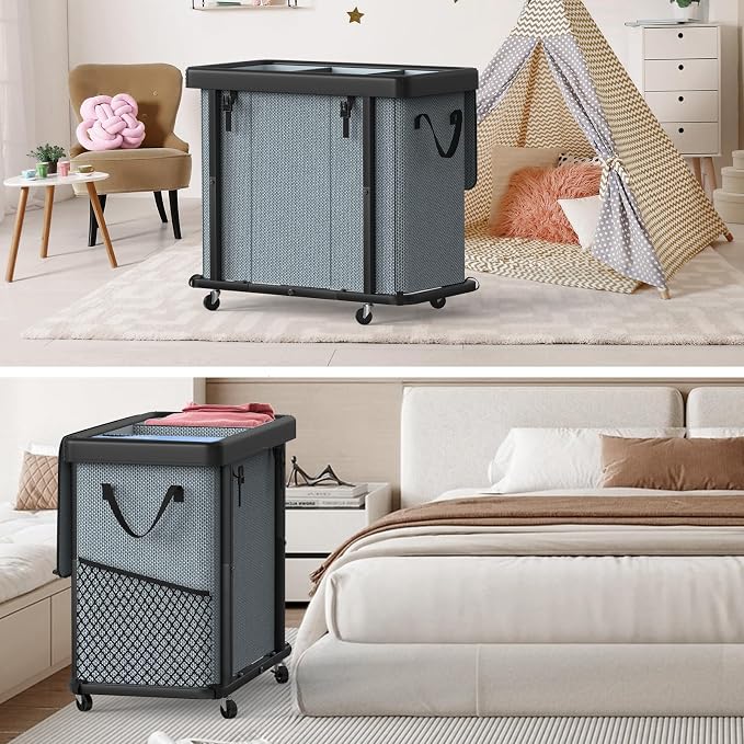 Laundry Basket with Wheels, 230L(60Gal) Laundry Sorter 3 Section - Gray | Leather Patchwork Laundry Hapmer, Sturdy Metal Frame, Removable Washable Bag, Tall Clothes Sorter for Bedroom - Image 7
