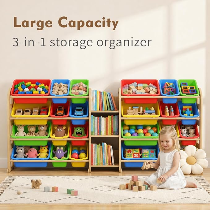 Large Wooden Toy Storage Organizer, 62" W Colorful 3-Shelf Bookcase/Bookshelf with 24 Toy Bins, Large Toy Organizers and Storage, Toy Box for Playrooms, Bedrooms Organization - Image 7