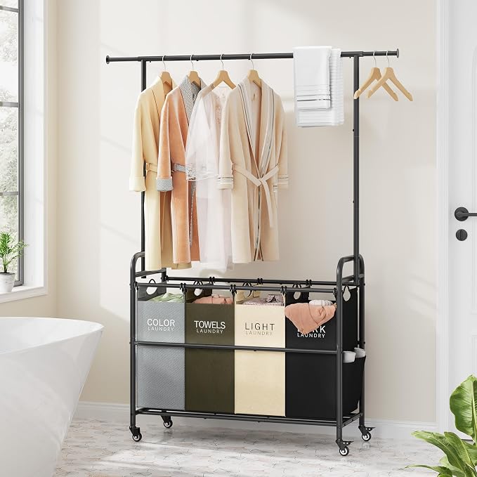 Laundry Sorter Cart with Hanging Clothes Rack, 4 Section, 4 Colors | Laundry Hamper Cart with Removable Bags, Laundry Sorter with Wheels, 4 Bag Laundry Basket Organizer for Laundry Room, Family - Image 8