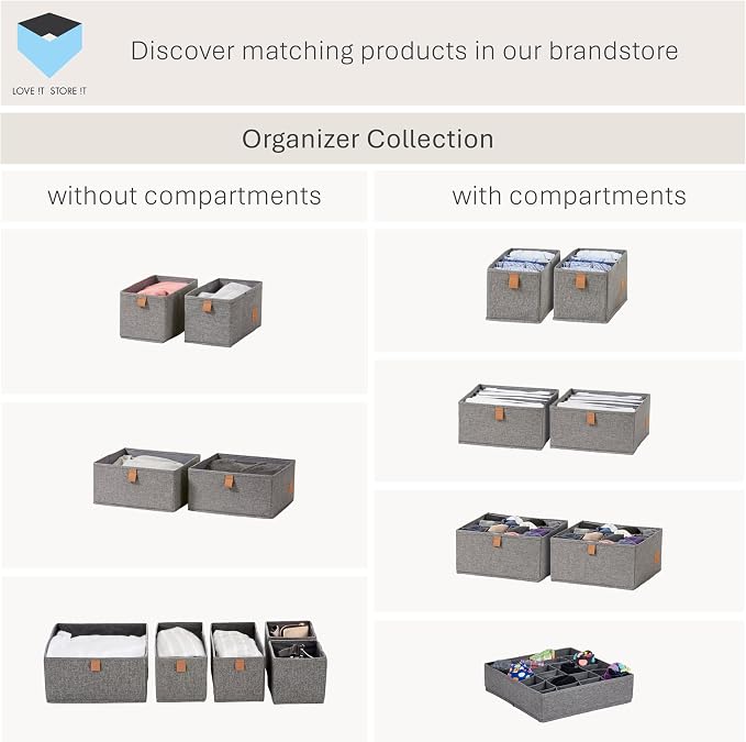 LOVE IT STORE IT Premium Drawer Box 2-Piece - Wardrobe Organiser Made of Linen Fabric - Reinforced - 6 Compartments for Bras, Shirts, Trousers - Grey - 30 x 30 x 15 cm - Image 7