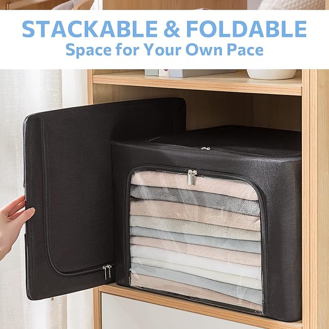 CYhom 3Pack Frame Storage Box - Clothes Storage Bin Bags Oxford Fabric Foldable Stackable Container Organizer Set with Clear Window & Carry Handles (Black, X-Small-36L) - Image 9