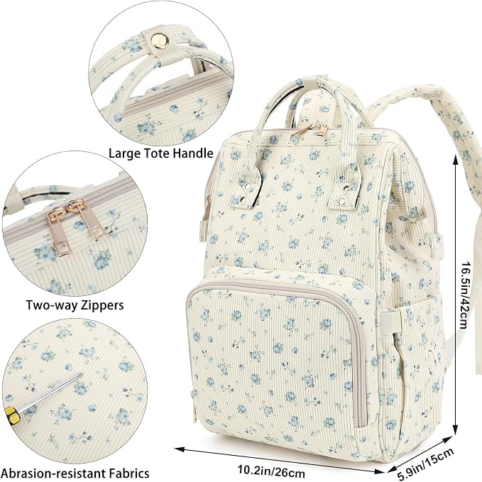 Corduroy Diaper Bag Backpack for Baby Girls Boys, Women Large Nappy Bags for Mom (Beige Corduroy Flowers Blue) - Image 7