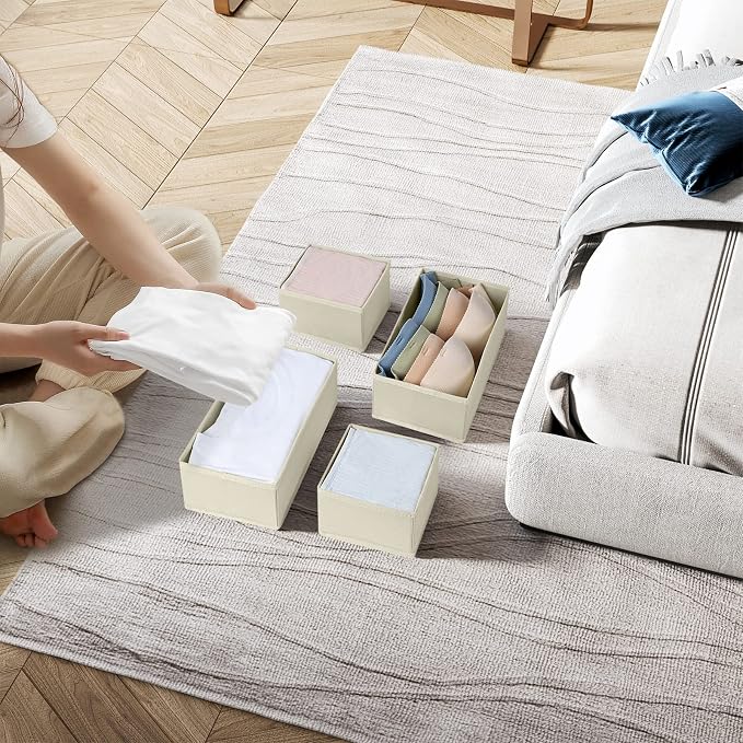 DIMJ Drawer Organiser System Drawer Organiser - Fabric Storage Box, Drawer Inserts for Wardrobes, Wardrobe Organiser for Clothes, Pack of 8, Beige Classic - Image 7