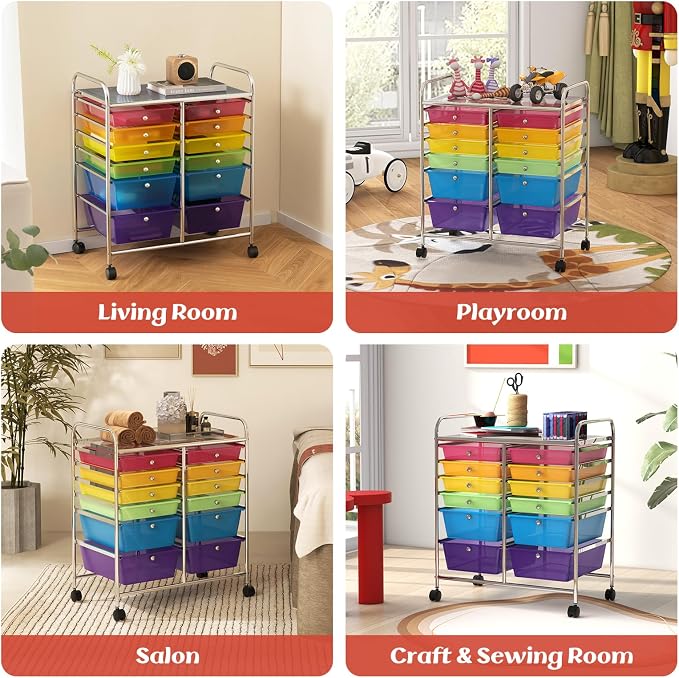 Moccha 12-Drawer Rolling Storage Cart - Utility Cart on Wheels with Lockable Casters for Craft Art Supply Paper Salon, Mobile Drawer Carts for Classroom Teacher School Office (Rainbow) - Image 9