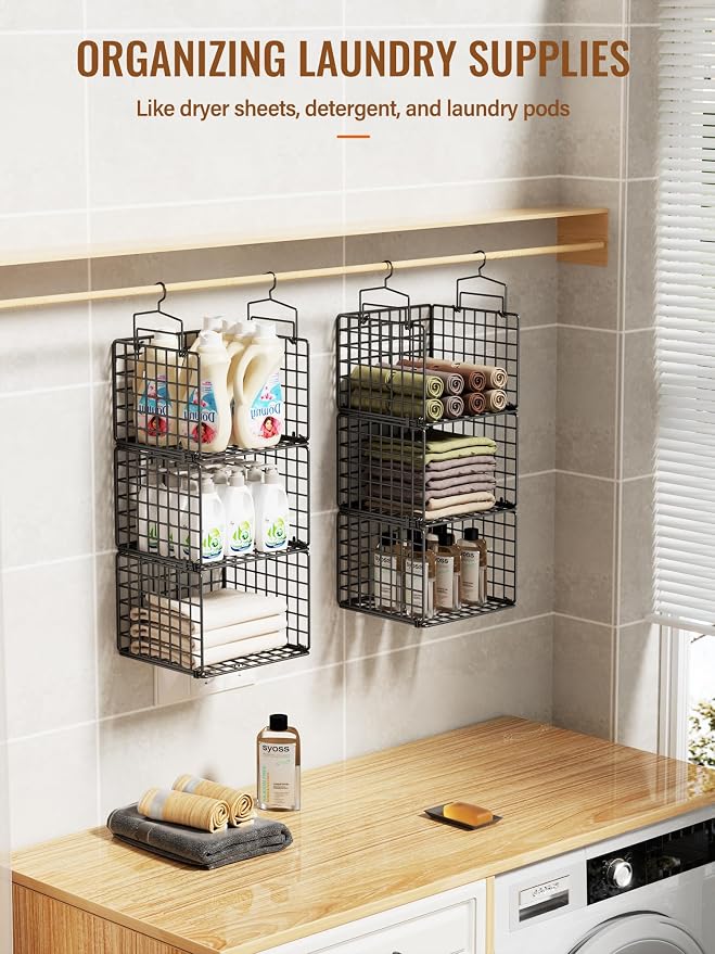 6 Tier Closet Hanging Organizer, Metal Closet Organizers and Storage with 4 Hanging Hooks 4 S-Hooks for Wardrobe Laundry Room, Wire Storage Shelf for Clothes Sweaters Pants (Black) - Image 6