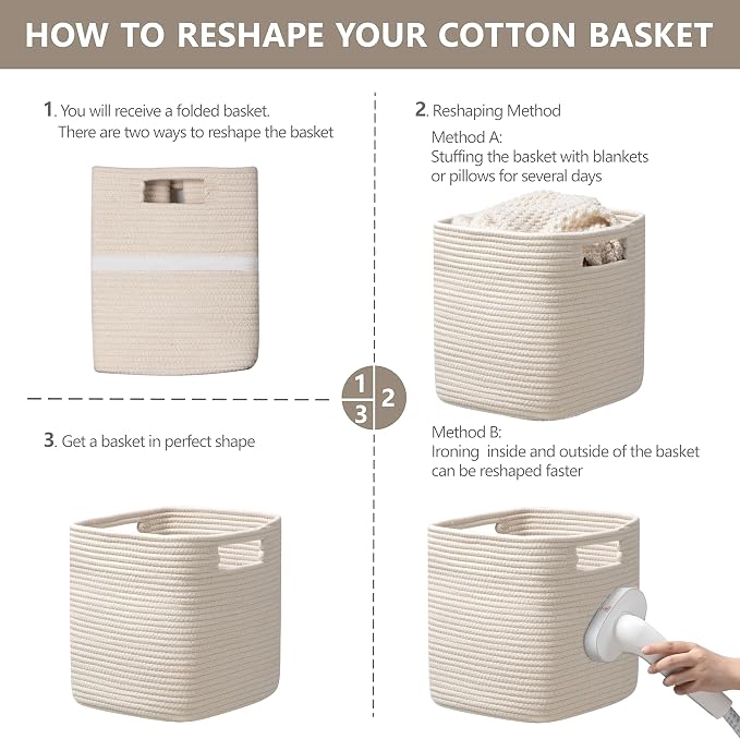 UBBCARE Set of 4 Storage Cubes-13 X 13 X 13 In, Cotton Rope Basket for Shelves, Toys, Book, Cube Storage Bin with Handles, Woven Storage Basket for Organizing, Beige - Image 7