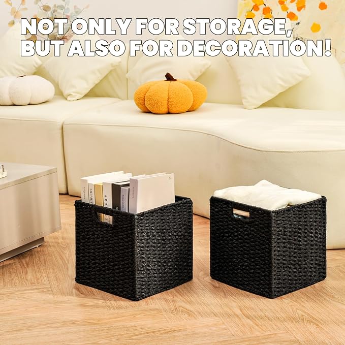 ICERZCZ Black Storage Bins, Wicker Storage Baskets for organizing, Paper Rope Woven Basket for Storage, 11 Inch Storage Cubes bin 11x11x11, 11"x10.25"x11", 2 Packs, Black - Image 7