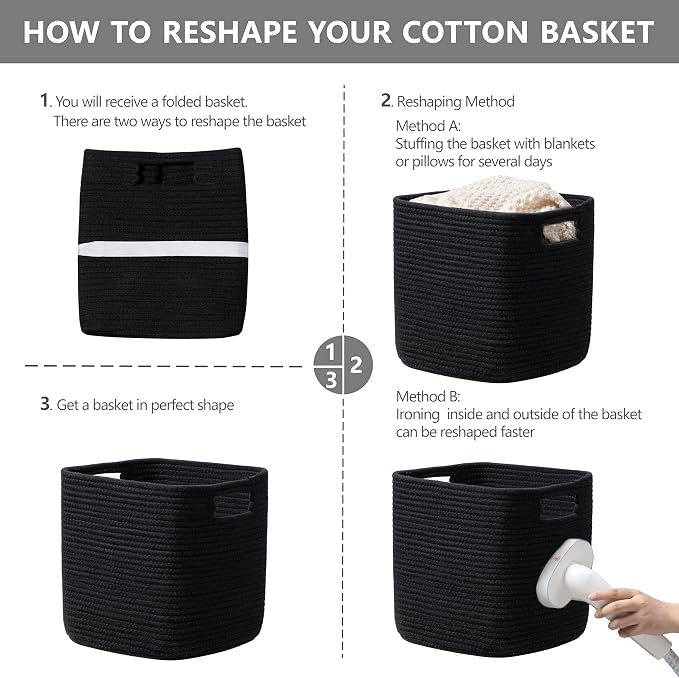 UBBCARE Set of 4 Storage Basket-13 X 13 X 13 in, Cotton Rope Basket for Shelves, Toys, Book, Cube Storage Bins with Handles, Woven Storage Basket for Organizing, Black - Image 7