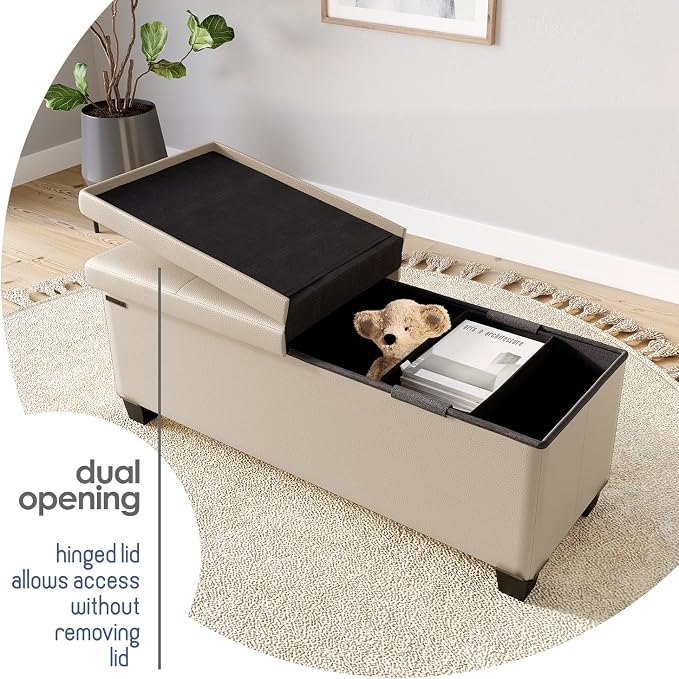 Storage Ottoman Bench with Bins, 43-in Storage Bench for Bedroom End of Bed, Folding Foot Rest Ottoman for Living Room Max 660lbs, Leather Ottomans, Beige - Image 9