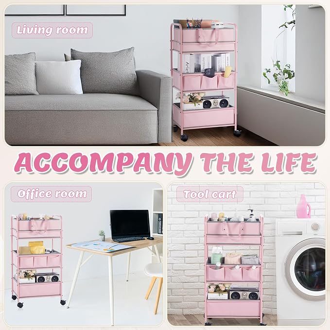 Honeydak 2in1 Baby Diaper Caddy Organizer Cart 3 Tier Large Capacity Metal Utility Bedside Rolling Cart with Divider Newborn Registry Nursery Essential Must Have Crib Bedroom Baby Shower(Pink) - Image 6