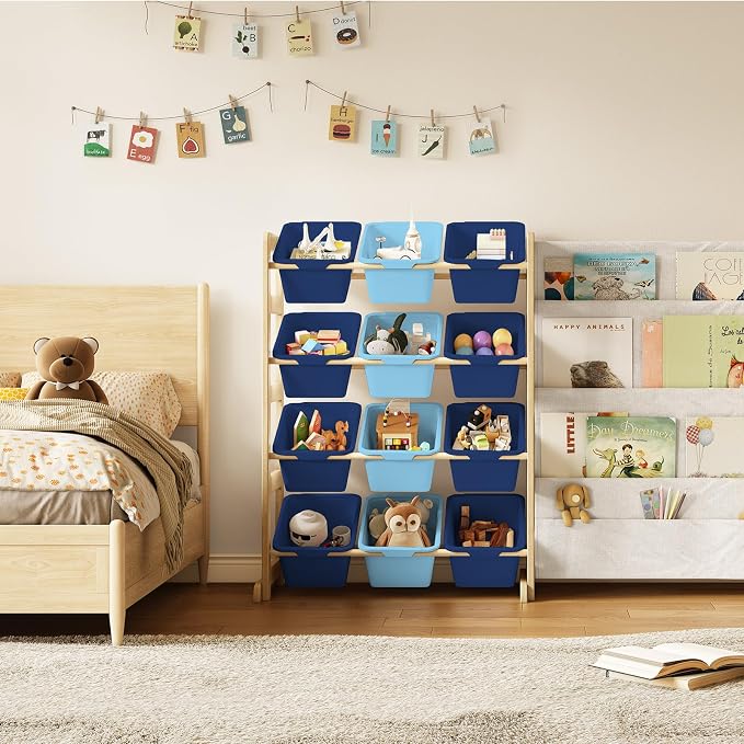 EXPERLAM Toy Storage Organizer with Bookshelf - 12 Storage Bins 4-Tier Multipurpose Shelf to Organize Toys and Books for Kids Room, Playroom, Nursery Room, Blue - Image 9