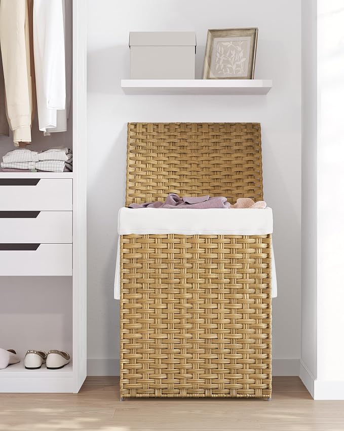 SONGMICS Laundry Hamper with Lid, 23.8 Gallon (90 L) Synthetic Rattan Clothes Laundry Basket with Lid and Handles, Foldable, Removable Liner, Goose Yellow ULCB51NL - Image 9
