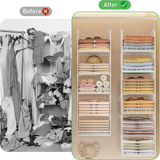 6 Tier Hanging Closet Organizers and Storage, 4 Hooks 2 Adjustable Dividers | Stackable Hanging Closet Shelves, Wire Storage Basket Bins for Clothing Purse Sweaters Shoes Socks Dolls, Foldable - Image 8