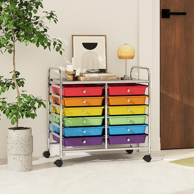 RELAX4LIFE 12-Drawer Rolling Storage Cart Mobile Craft Organizer Colorful | 24.5" Size, 4 Rolling Casters, Metal Frame, For School Teacher Office Salon Art File Supplies - Image 9