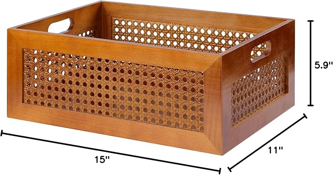Rattan Wooden Box 15x11x6in Handmade Decorative Storage Basket with Handles | Natural Bamboo Woven Storage Basket Rustic Farmhouse Decor Home Office Tabletop Shelf Drawer Closet Desk Organizer, Brown - Image 10