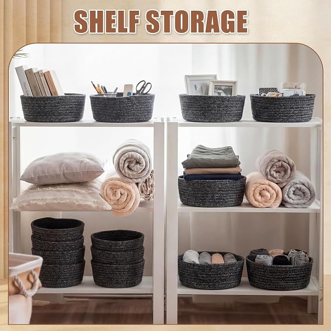 12 Pack Small Storage Basket Cute Natural Cotton Rope Woven Basket Tiny Boho Decorative Toy Storage Bin Gift Baskets for Home Organizing, Closet, Shelf, Nursery, Bathroom(Round,White Grey) - Image 6