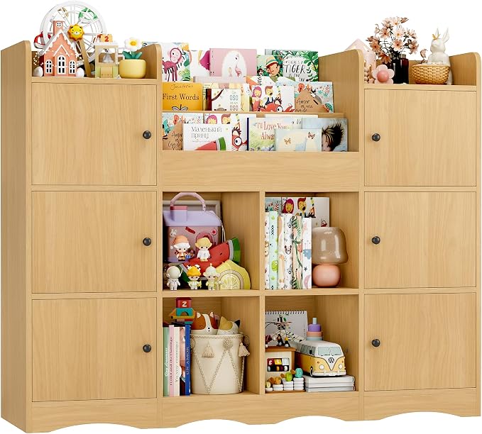Toy Organizers and Storage with 10 Cubbies and 4 Tier Bookshelf | 55" Large Kids Bookshelf Toy Organizers and Storage with Raised-Edge Top Shelf, Playroom Storage and Toy Chest, Natural - Image 9
