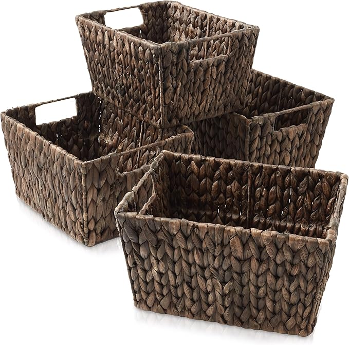 Casafield Set of 4 Water Hyacinth Storage Baskets with Handles - Espresso Brown, Woven Storage Bins for Shelves, Blankets, Laundry Organization - Image 7