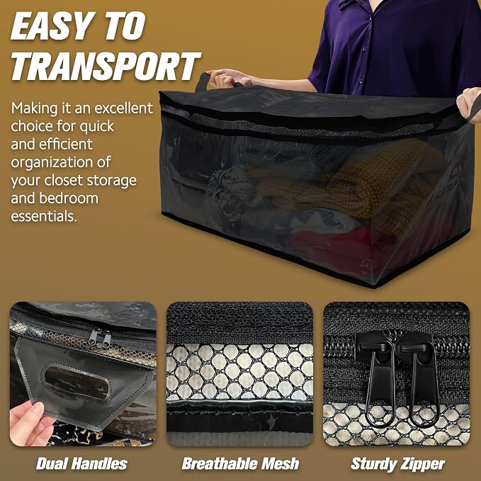 HIBAG 20 Gallon Large Storage Bag for Clothes, Zipper Clothing Storage Bag Organizer with Handles, for Comforters Blankets Pillows Bedding (Black, 2 Pack) - Image 7