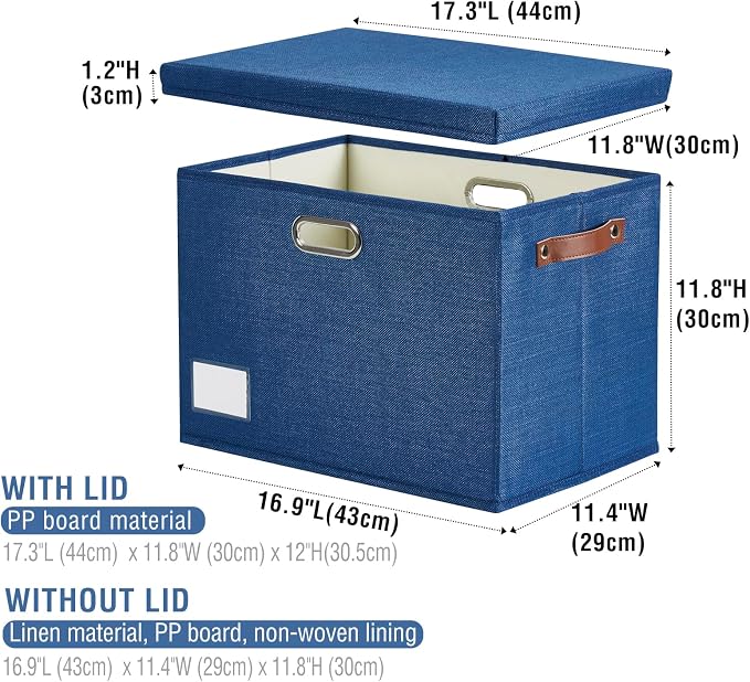 17" Large Fabric Storage Box with Lids, 3-Pack, Navy | Stackable, Foldable, 2 PU Handles and 2 Metal Handles, Decorative Fabric, For Home, Bedroom, Closet, Office, Nursery - Image 7