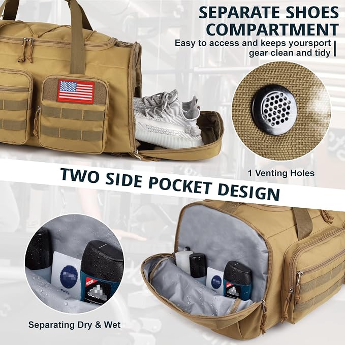 Tactical Gym Bag for Men,70L Large 3-in-1 Sports Duffle Bag for Travel Gym | Water Resistant ,Adjustable Shoulder Strap,MOLLE Weekender Overnight Bag with Shoes Compartment,Gym Backpack for Gym,Travel - Image 7