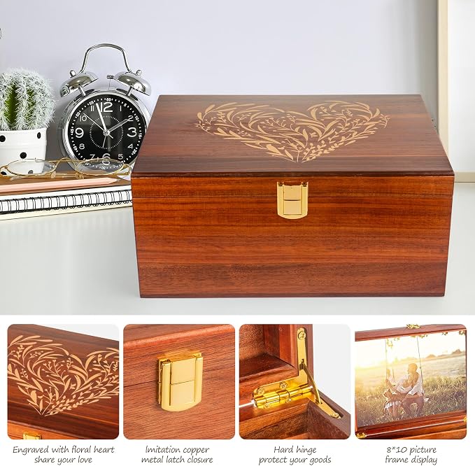 Larger Wooden Memory Keepsake Boxes With Hinged Lids and a photo frame inside the lid - Decorative Storage Box With a Hinge Lids For Picture Letter Time Capsule - 5.3“*8.6”*11.7“- Acacia - Image 6