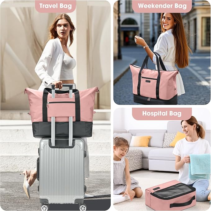 Oeihuivt Weekender Bags for Women with 3 Extra Pack - 21 Inch Large Travel Duffel Bag Set with Shoe Compartment, Heavy-Duty nylon Carry On Overnight Tote Black+Pink - Image 7
