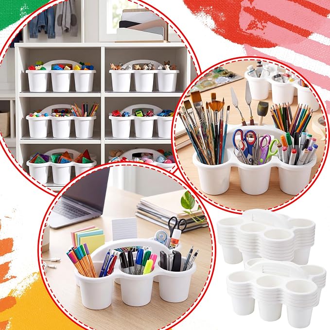 12 Pack Classroom Caddy Organizer with Handle 6 Compartment,White | Plastic Drink Cup Caddy Holder, Portable Storage Bin, for Pencil, Glue Stick, Crayons, Marker, Table, Office, School Supplies - Image 6