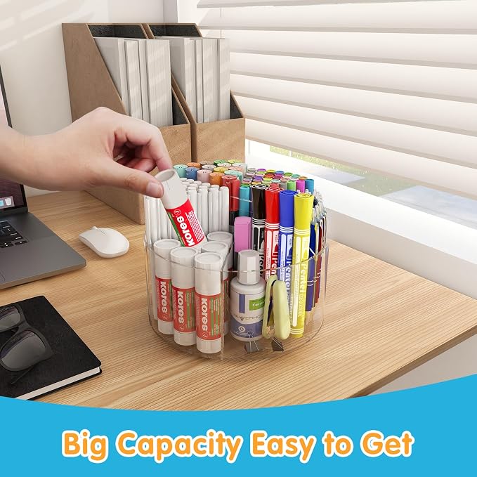 Mefirt Acrylic Pen Holder, 360 Degree Rotating Pen Organizer, Rotating Desk Acrylic Office Organizer with 6 Compartments, Marker Organizer for Kid, Crayon Caddy School Art Supply Storage Organizer - Image 9