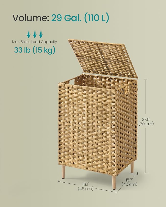 SONGMICS 2-Section Laundry Hamper with Lid, 29 Gal (110L) PE Rattan Laundry Basket with Removable Washable Liners, for Bedroom & Living Room, Goose Yellow ULCB222YE01 - Image 7