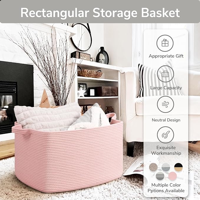 Goodpick Large Woven Rope Blanket Basket, Rectangle, Pink, 75L | 21.6'' x 14.9'' x 11.8'' Storage Basket for Toys & Blankets, Living Room, Bedroom & Nursery Organization, Reinforced Handles - Image 7