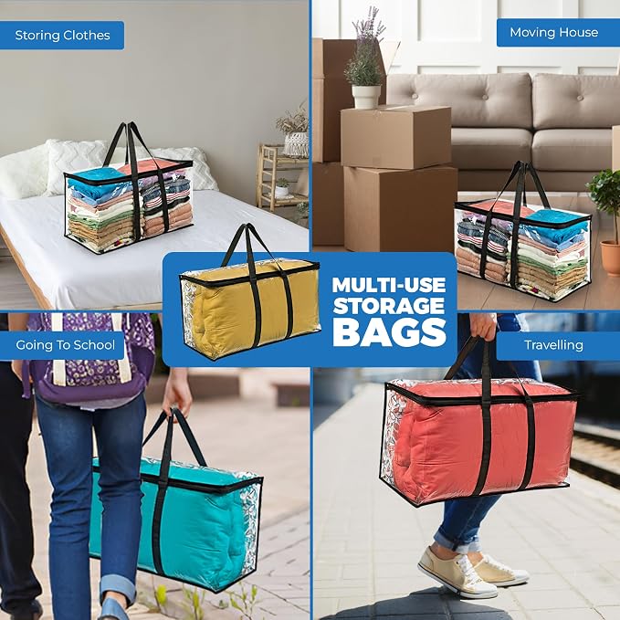 Clear Moving Bag (4-Pack) 25x14x12 - Zipper, Blankets, Breathable | Breathable Non-Woven Sides, Foldable, Comforters, Bedding, Clothes, Sweaters, College, Dorm, Packing - Image 7