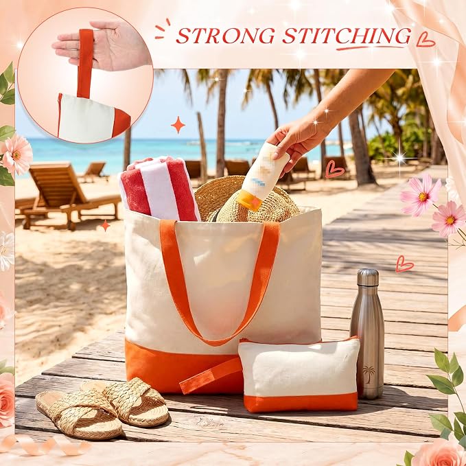 Sanwuta 30 Pcs Canvas Tote Bags Bulk with Zipper Cosmetic Pouch,Orange | 18.5" Reusable Cotton Shopping Bag with Handle for DIY Craft - Image 7