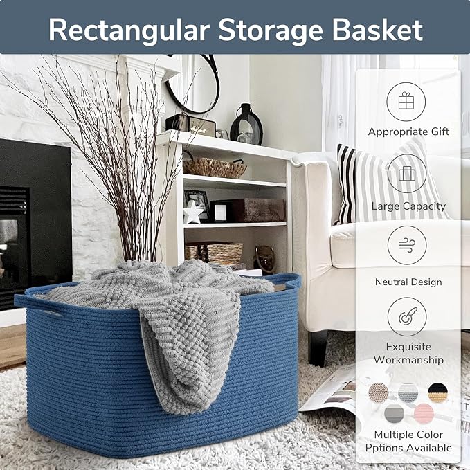 Goodpick Large Woven Rope Blanket Basket, Rectangle, Dark Blue | 21.6'' x 14.9'' x 11.8'' Storage Basket for Blankets & Toys, Living Room, Bedroom & Nursery Organization, Reinforced Handles - Image 7